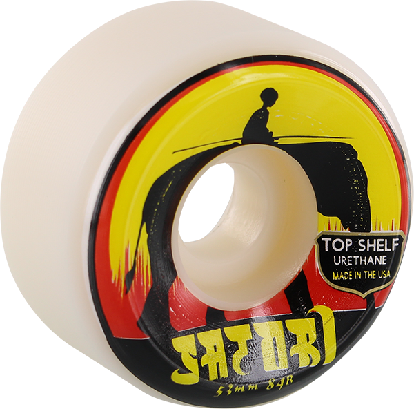 Skateboard wheel with colorful design and text on a white background