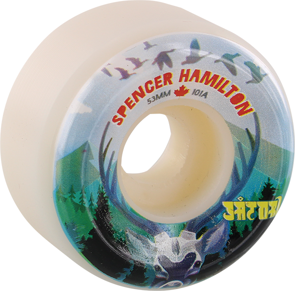Skateboard wheel with 'Spencer Hamilton' branding and nature-themed design