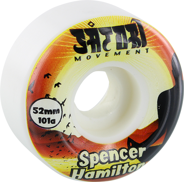 Skateboard wheel with 'Satori' branding and 'Spencer Hamilton' text on a white background