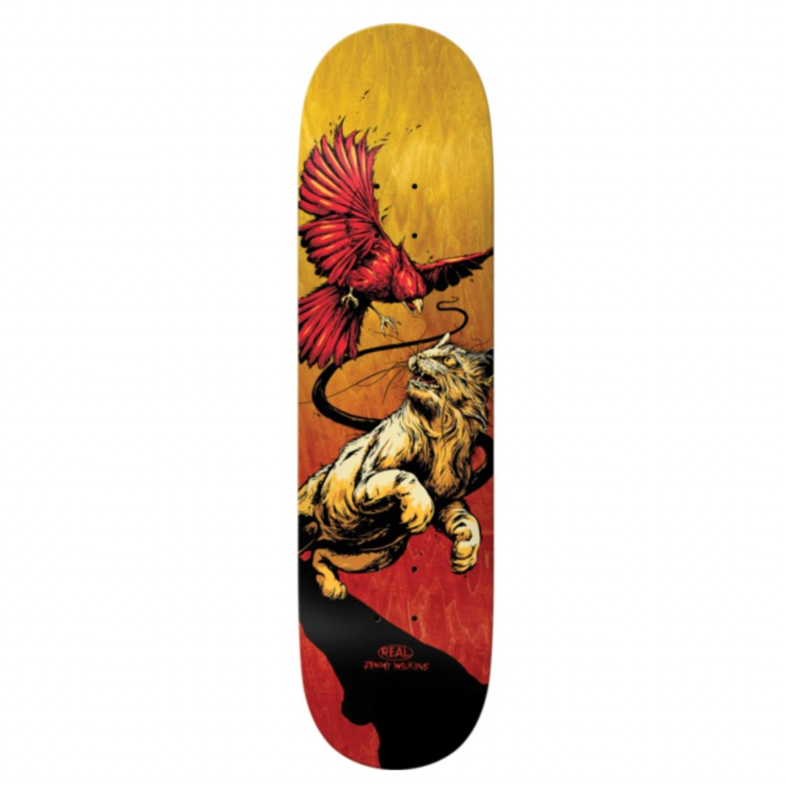 A skateboard deck featuring a graphic design with a bird of prey and a lion, with a vibrant background.