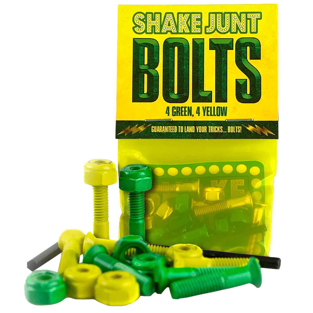 Green and yellow skateboard bolts with packaging on a white background