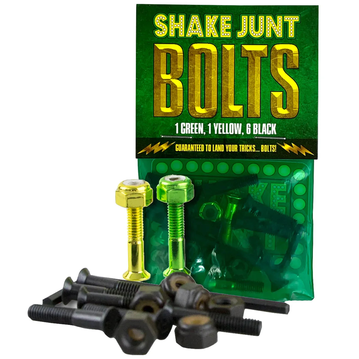 Packaged bolts with green, yellow, and black colors in front of a green 'Shake Junt' branded package.