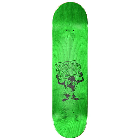 Green skateboard deck with black graphic design on a white background