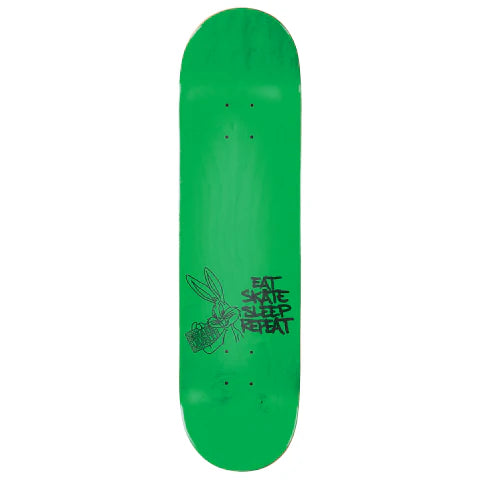 Green skateboard deck with black text and logo on a white background