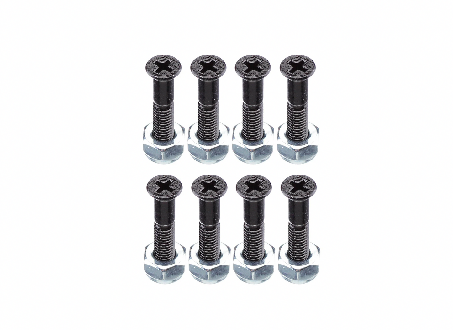 Set of black screws with hexagonal heads on a white background