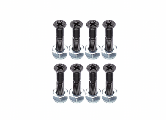 Set of black screws with hexagonal heads on a white background