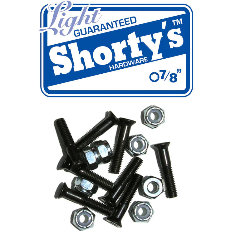 Set of black screws and washers with Shorty's Hardware logo above on a white background