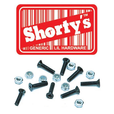 A set of black flat-head screws, silver hex nuts, and a red 'Shorty's Generic Lil Hardware' logo sticker on a white background.