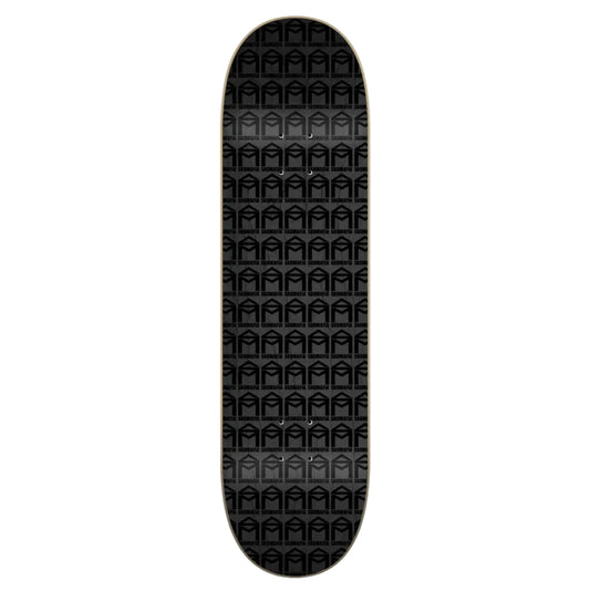 A skateboard deck shown vertically against a light gray background, featuring a black grip-tape pattern with repeating white arch motifs.