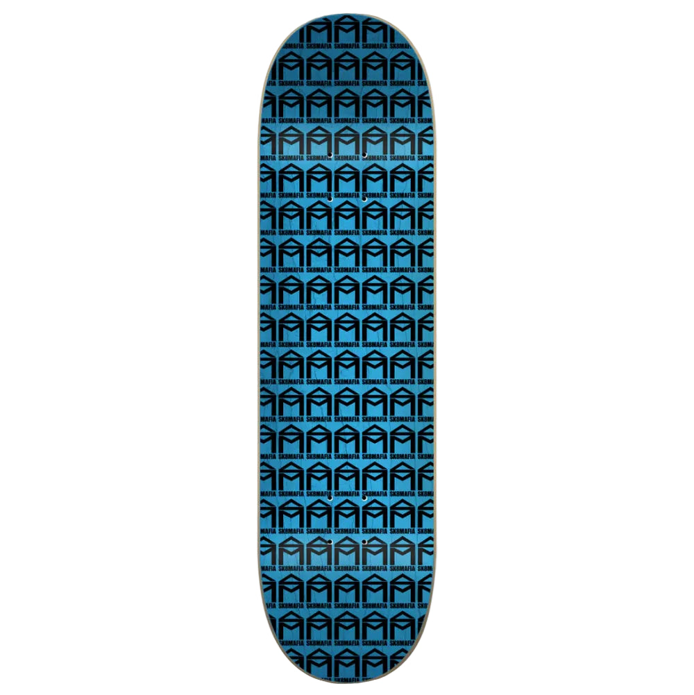 Skateboard deck with blue geometric pattern on a white background