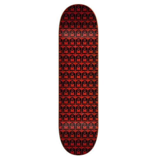 A skateboard deck with a repeating black geometric pattern over a dark red background, shown vertically against a light gray studio backdrop.