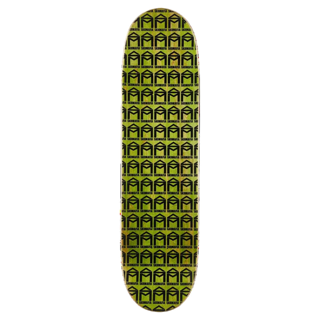 A skateboard deck shown vertically against a plain white background, featuring a repeating geometric pattern in lime green and black.
