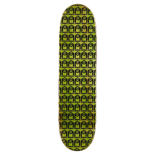 A skateboard deck shown vertically against a plain white background, featuring a repeating geometric pattern in lime green and black.