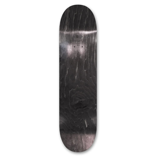 Skateboard deck with a black and gray wood grain pattern on a white background