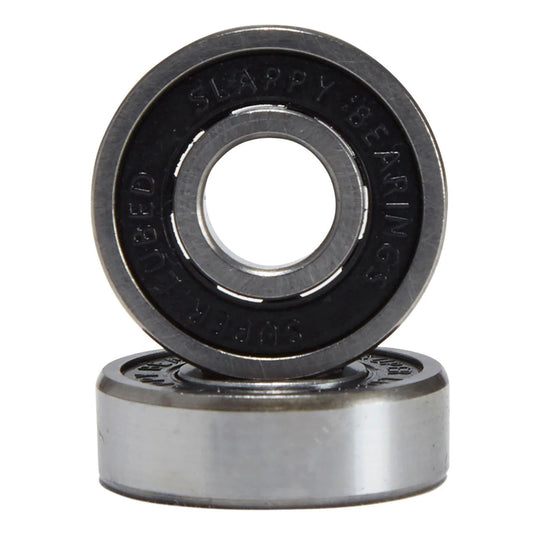 Two metallic slapper bearings stacked vertically on a plain white background, with one bearing upright and the other lying flat to show the side profile.