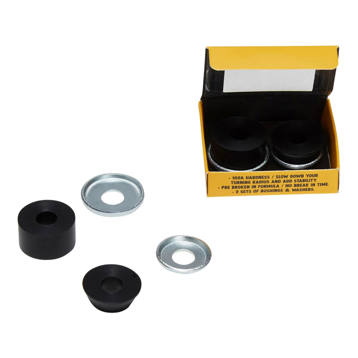 A set of four black rubber bushings with two silver metal washers, displayed next to their yellow and black retail packaging box on a white background.