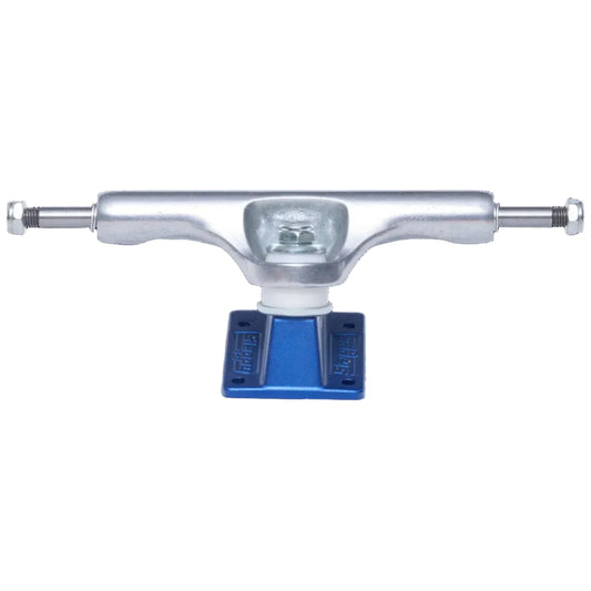 Skateboard truck with blue baseplate on a white background