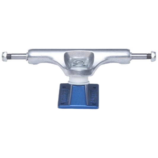 Skateboard truck with blue baseplate on a white background