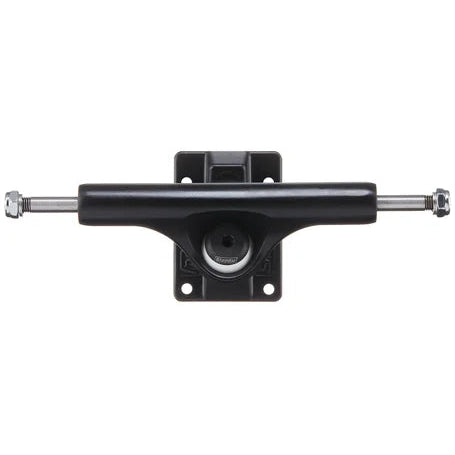 Black metal skateboard truck on a white background