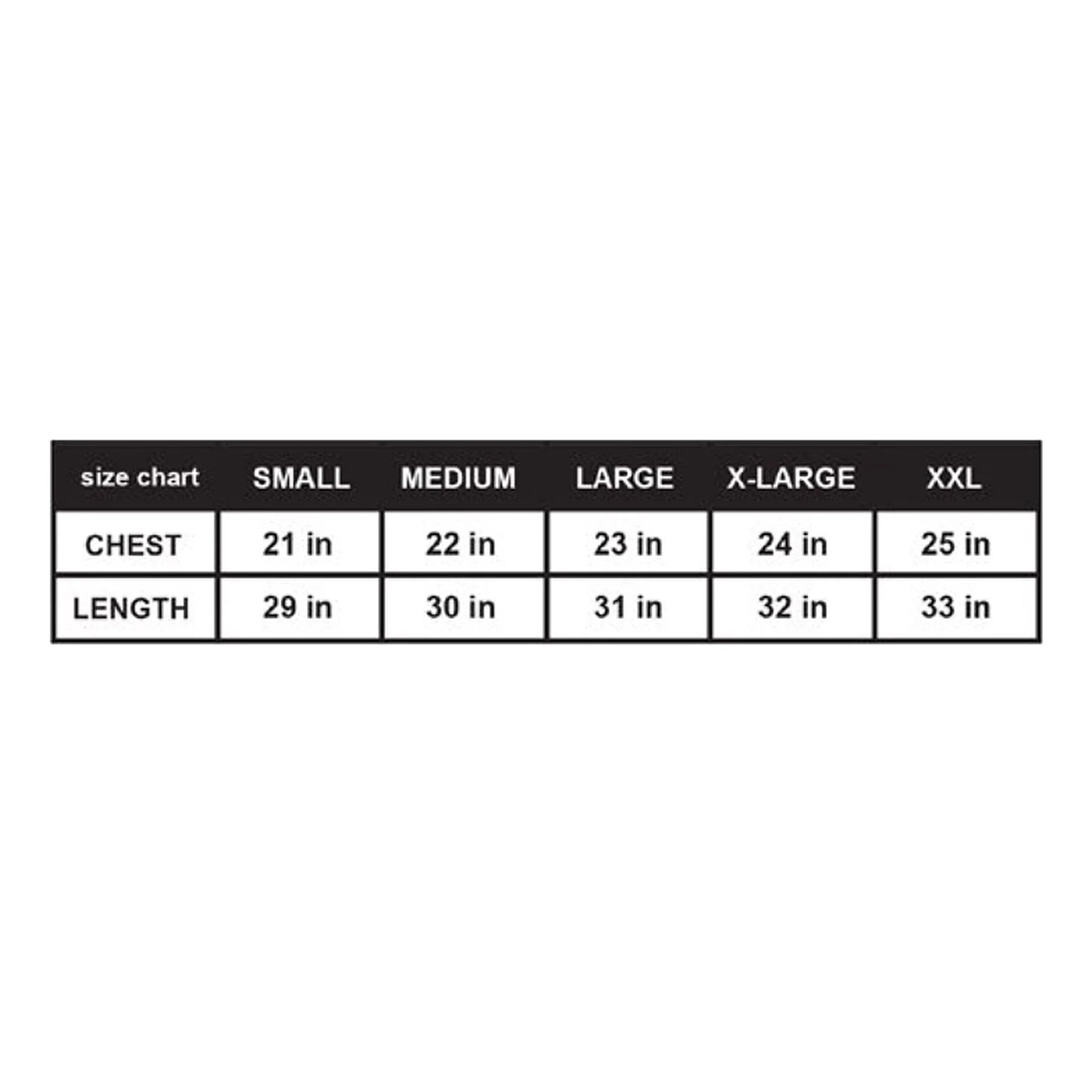 Size chart for clothing with chest and length measurements in inches.