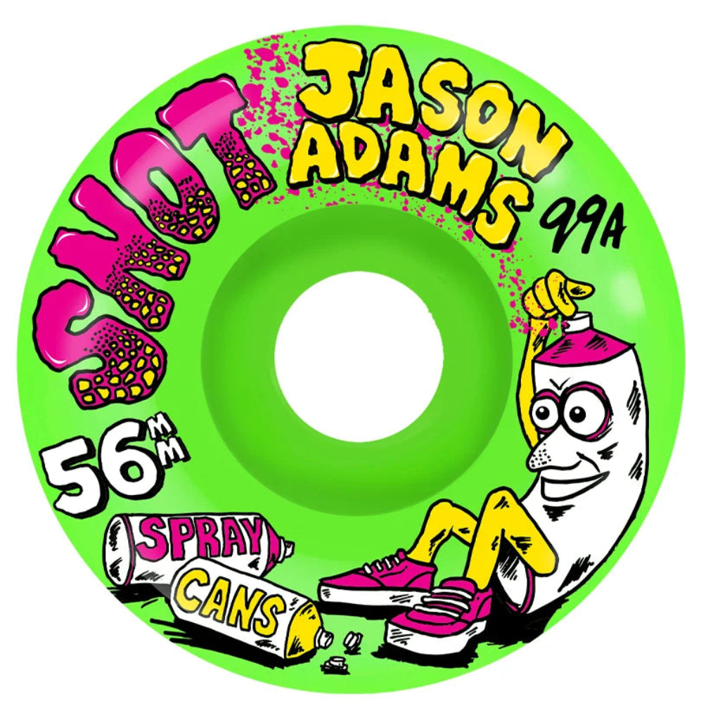 A single skateboard wheel featuring a bright lime green base with a colorful graphic design. The graphic includes the text 'SHIFT' in pink, 'JASON ADAMS' in yellow, '99A' in black, '56mm' in white, and 'SPRAY CANS' in pink and yellow, along with a cartoon spray can character.