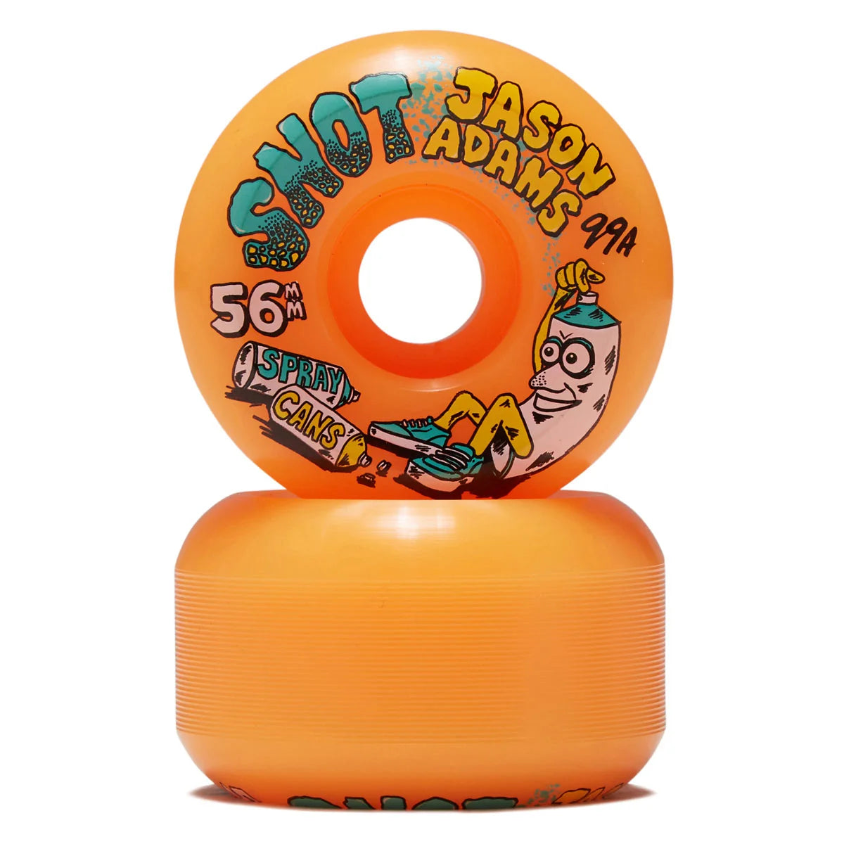 Two bright orange skateboard wheels stacked vertically on a white background, featuring Jason Adams Shot wheels with colorful graphic text and a cartoon character.
