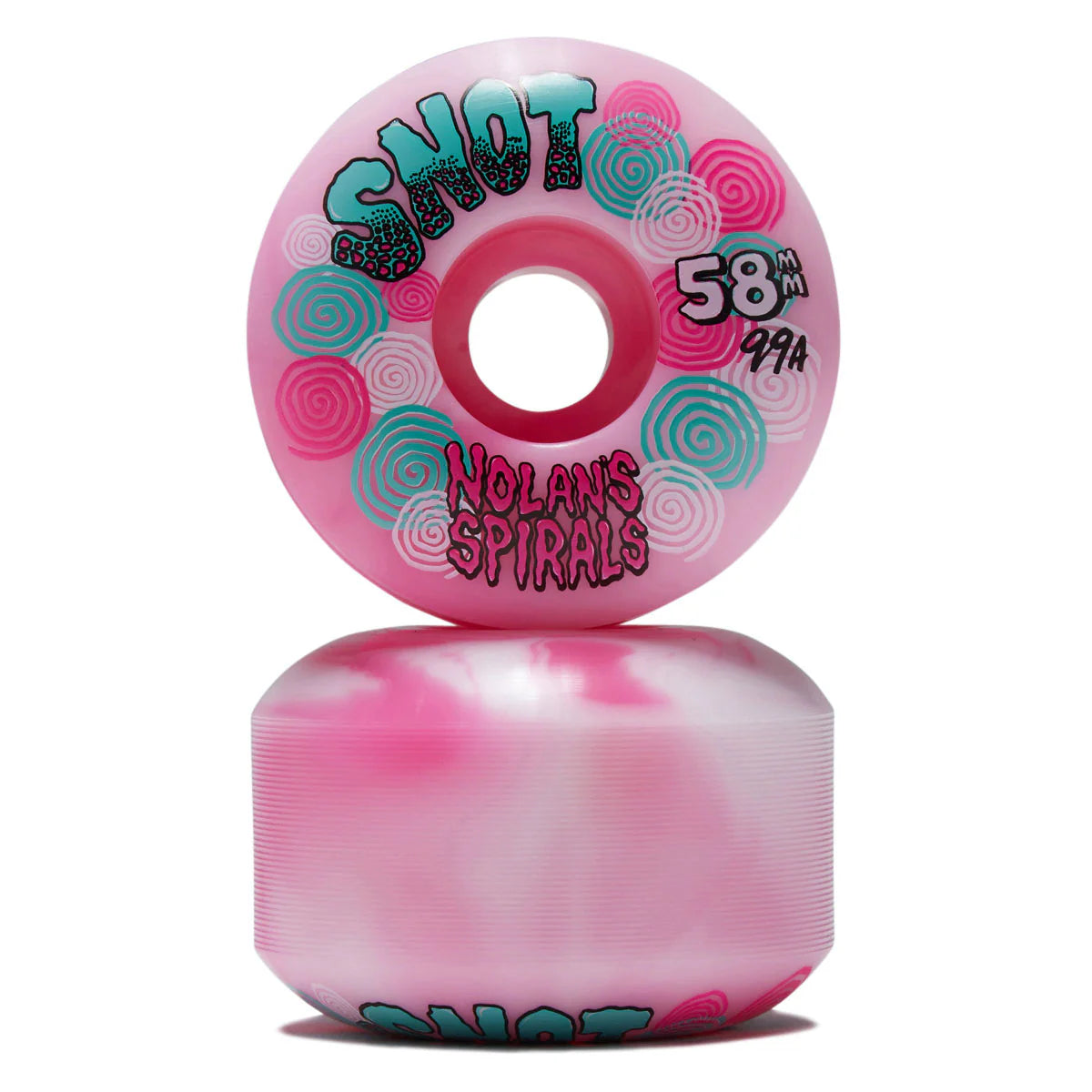 A pair of pink skateboard wheels stacked vertically on a white background. The top wheel is upright, showing a pink face with teal and pink spiral graphics, the text 'SNOT', 'NOLAN'S SPIRALS', and '58MM 99A'.