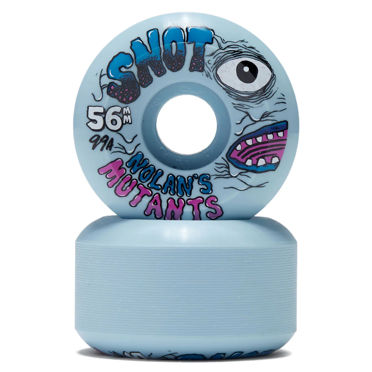 Light blue skateboard wheel with 'Snot' and 'Nolan's Mutants' branding on a white background