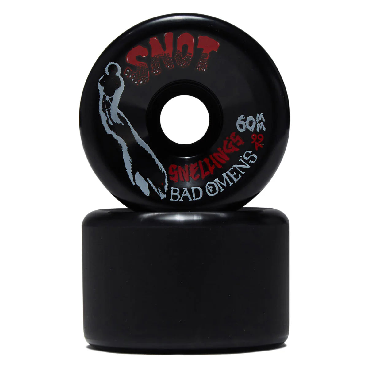 A black skateboard wheel stacked on a black axle, featuring red and white graphics with the brand name 'SNOT' and model text 'Swellange Bad O Mens'.