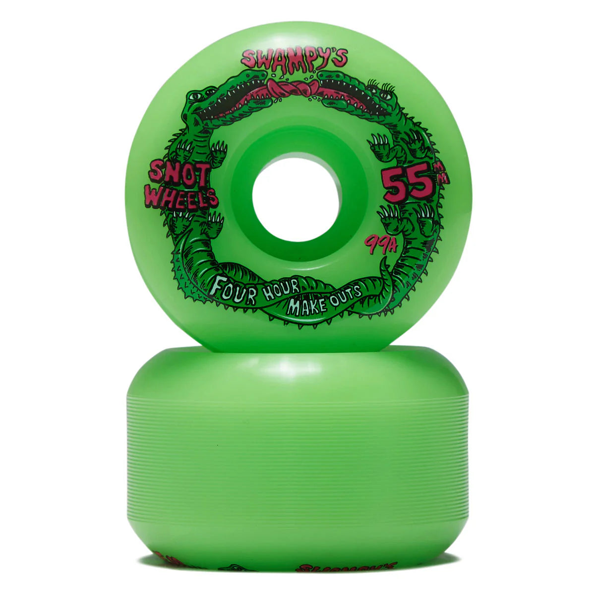 Two bright green skateboard wheels stacked vertically on a white background, featuring a red and green graphic with the text 'Shampy's Snout Wheels', '55mm', and 'Four Hour Make Out'.
