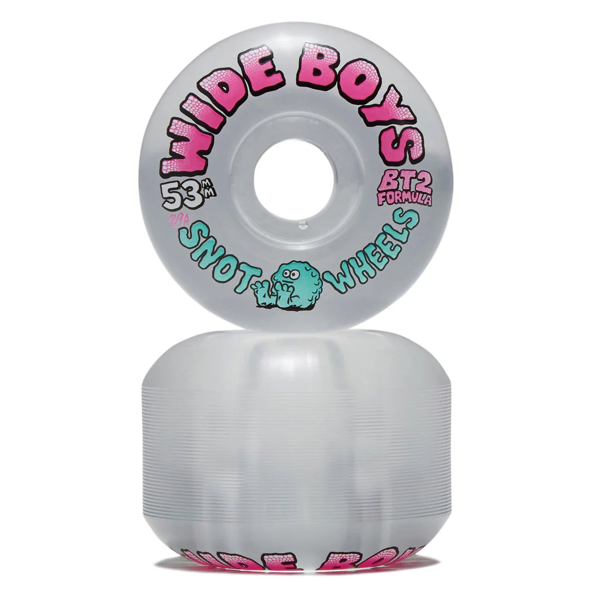Two translucent clear skateboard wheels stacked vertically on a white background, with the top wheel showing pink and teal graphics that read 'WIDE BOYS' and '53mm SNOW WHEELS BT2 FORMULA'.