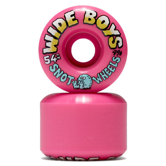 Pink skateboard wheel with 'Wide Boys' and 'Snot Wheels' branding on a white background