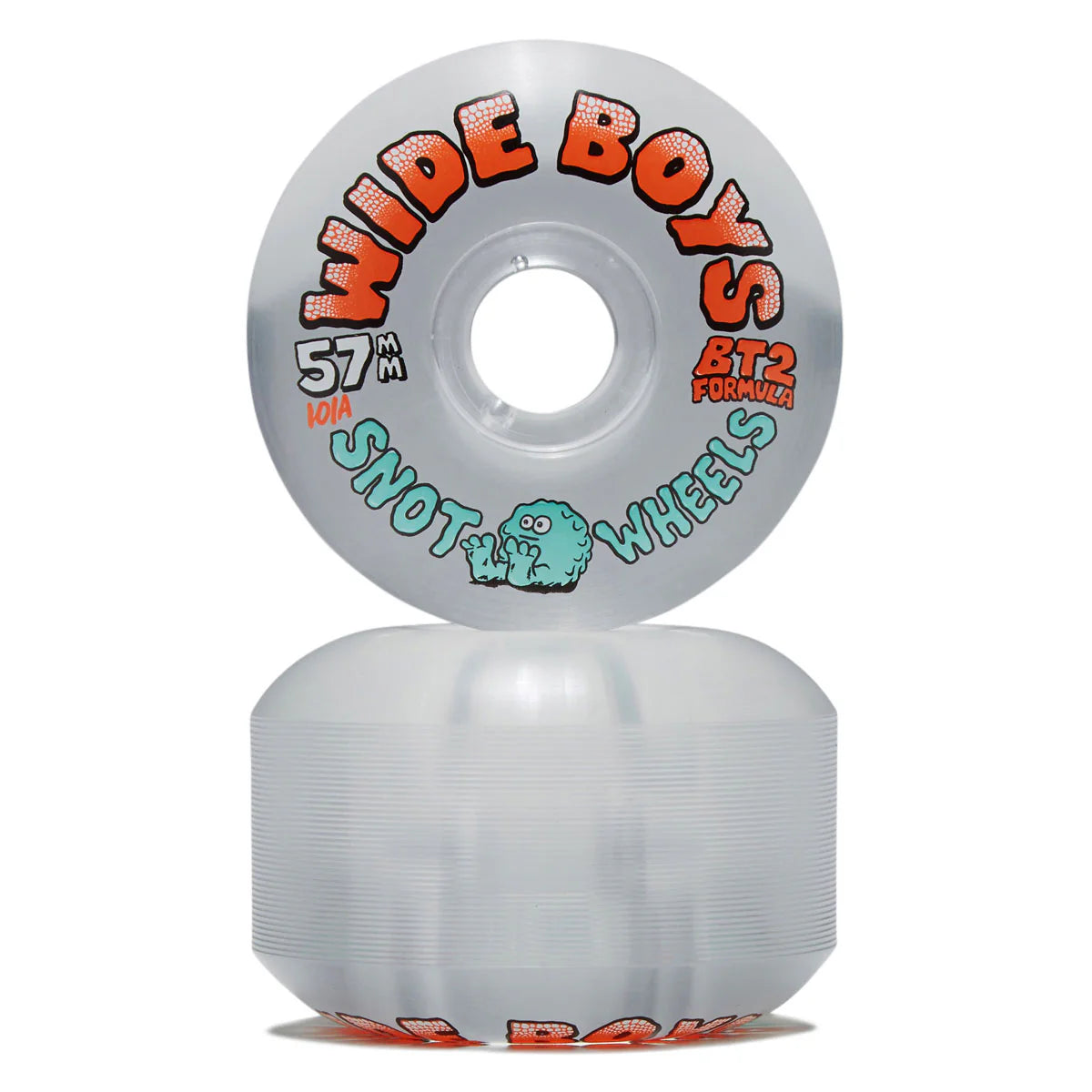 Two translucent clear skateboard wheels stacked vertically on a white background, with the top wheel showing orange and teal graphics that read 'WIDE BOYS' and 'SNOT WHEELS'.