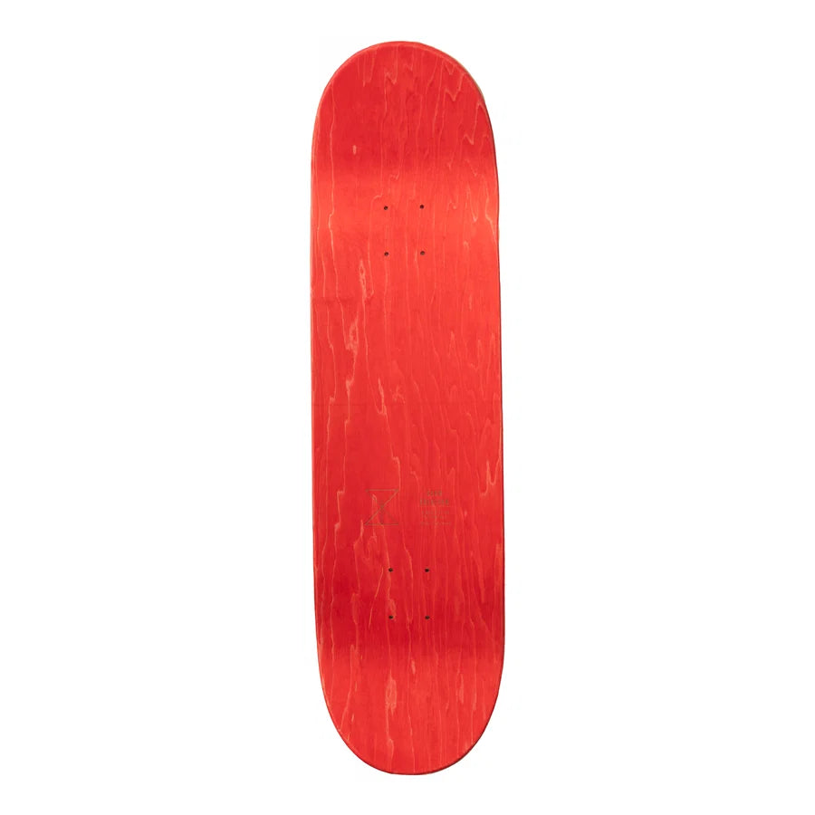 A red skateboard deck shown from the underside against a plain white background.