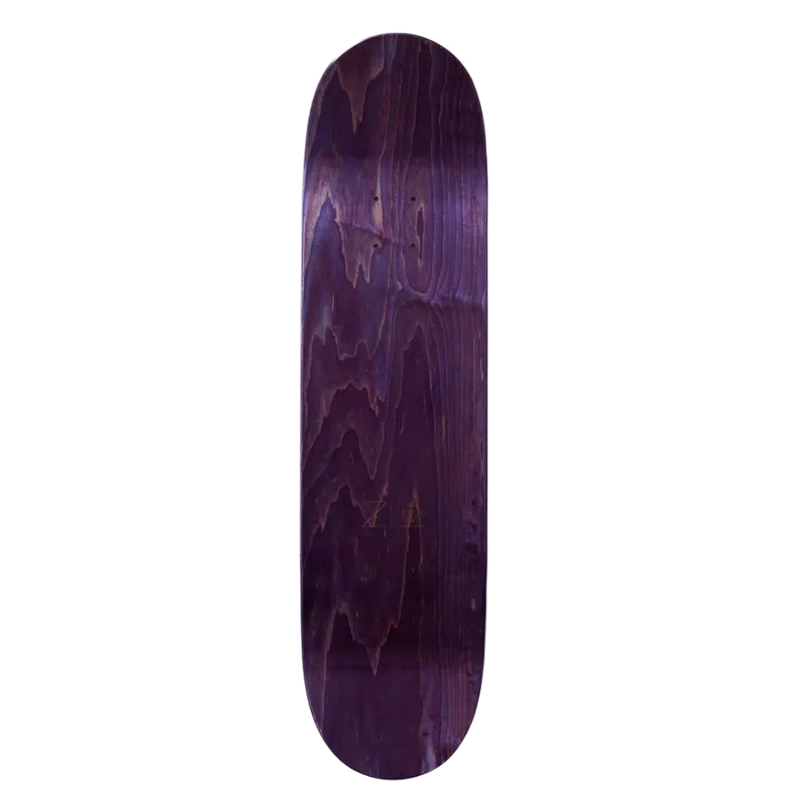 A skateboard deck with a dark purple wood grain finish, shown vertically against a plain white background.