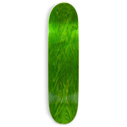 Green skateboard deck with a wood grain pattern on a white background