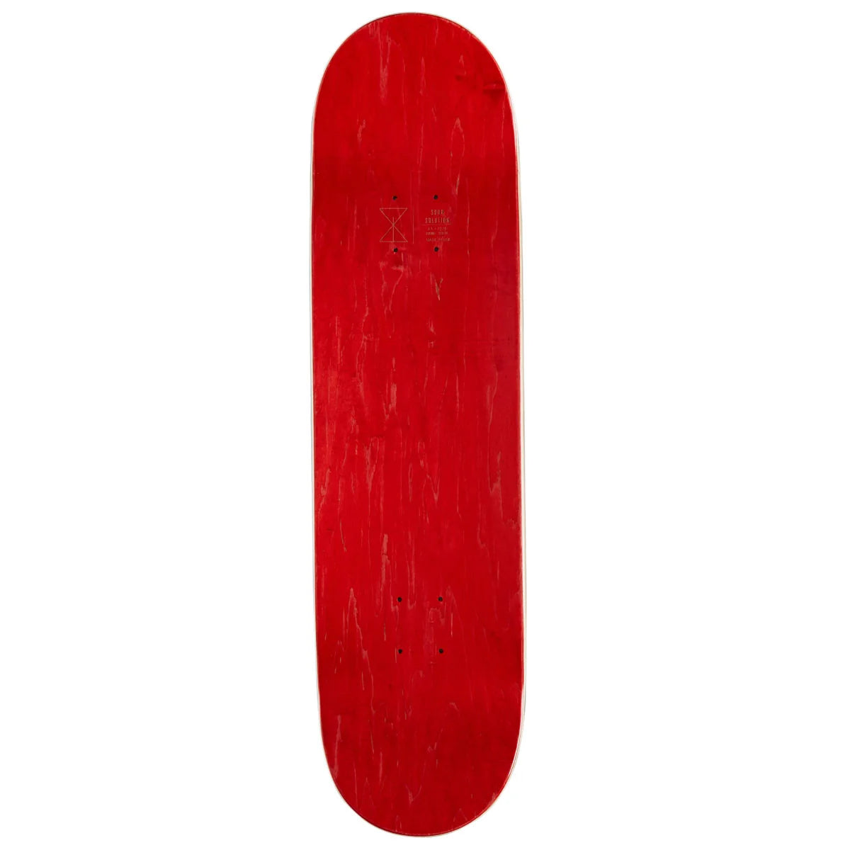 A red skateboard deck shown vertically against a plain white background.