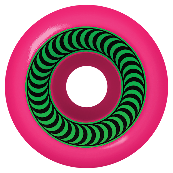 Pink and green skateboard wheels