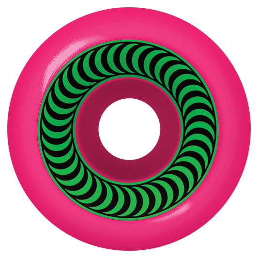 Pink and green skateboard wheels