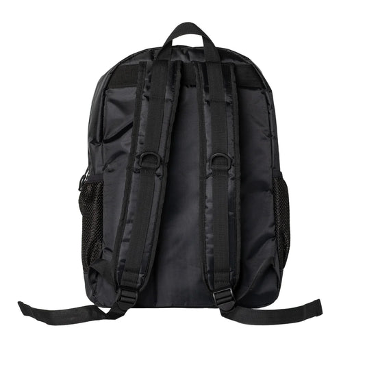 Black backpack shown from the back, featuring padded shoulder straps, side mesh pockets, and a top carry handle on a plain white background.