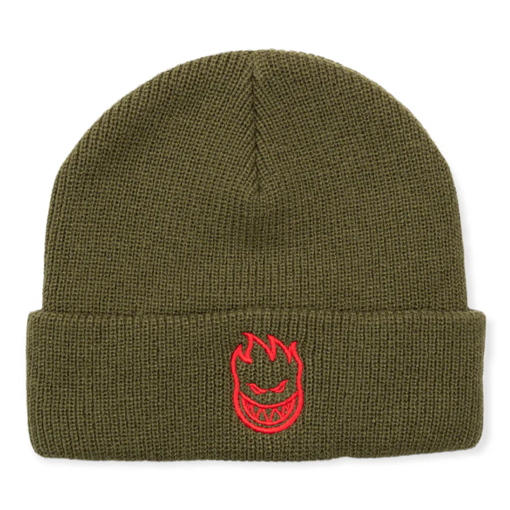 Green beanie with a red logo on a white background