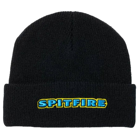 Black beanie with 'SPITFIRE' logo in yellow and blue on a black background