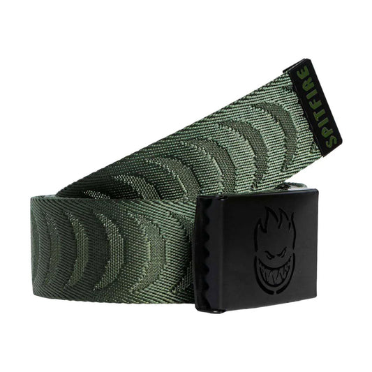 An olive green woven web belt with a black buckle featuring the embossed spitfire logo, shown on a solid white background.