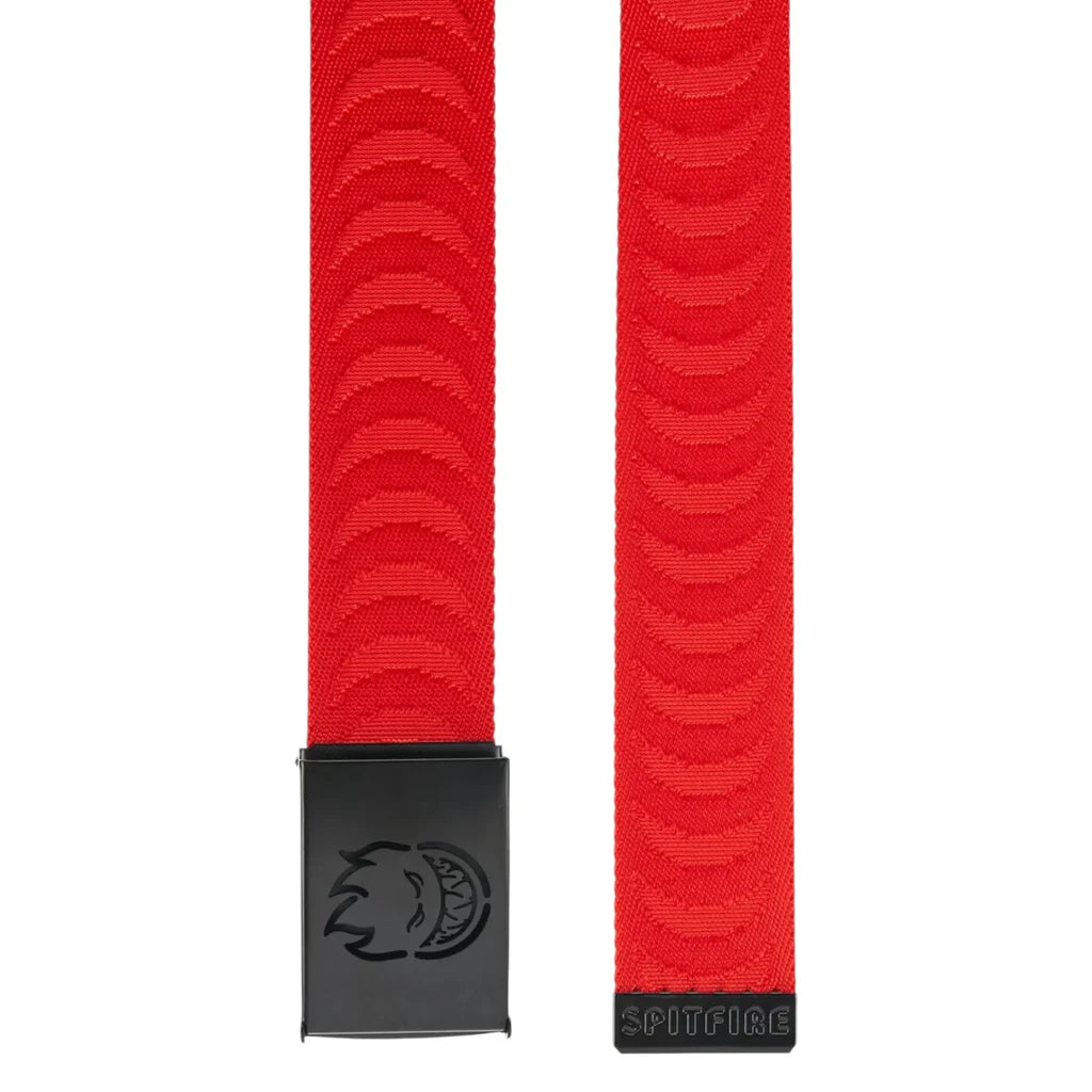 Red belt with black buckle on a white background