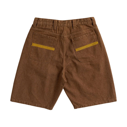 Brown shorts with yellow decorative elements on a white background