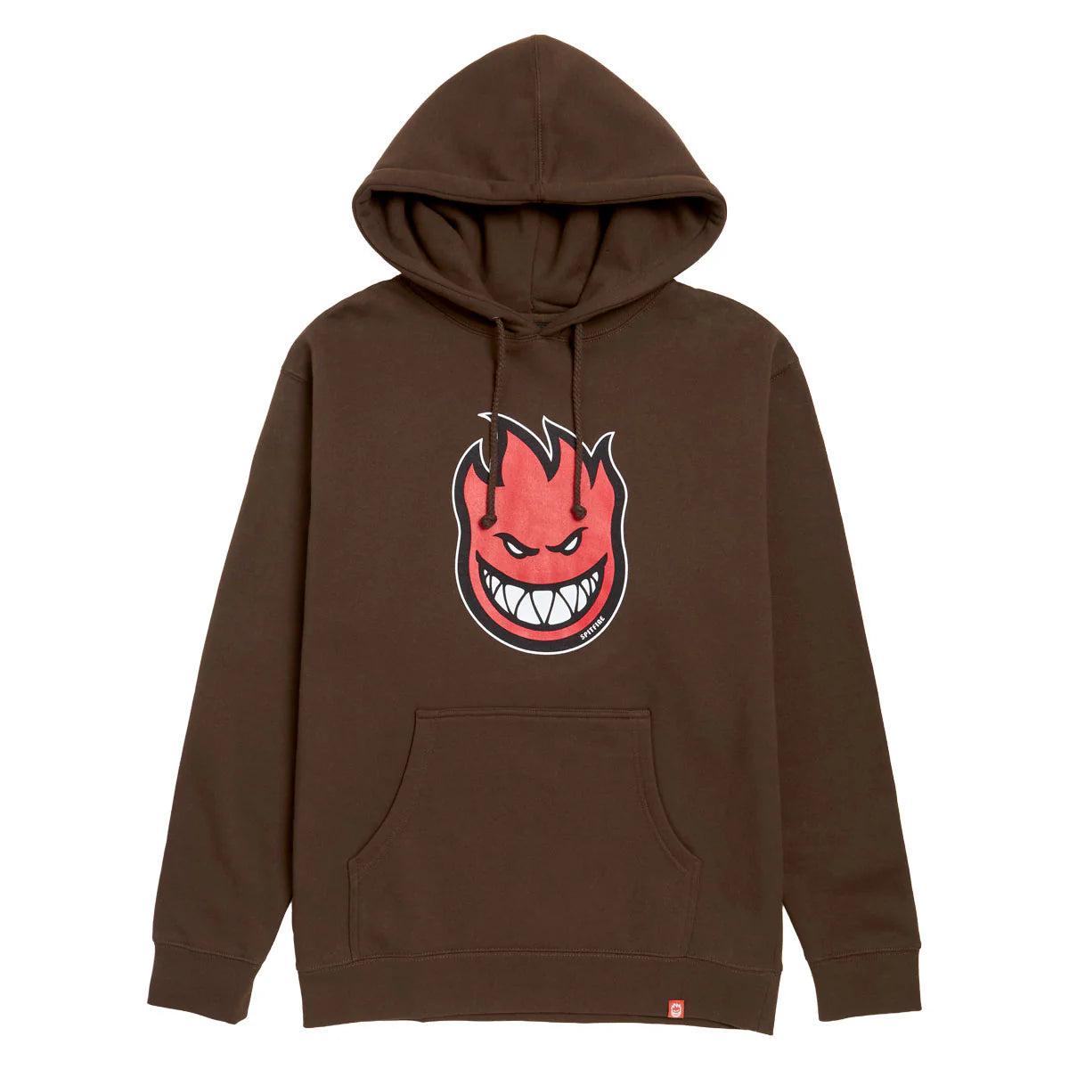 Brown hoodie with a red and white graphic on a white background