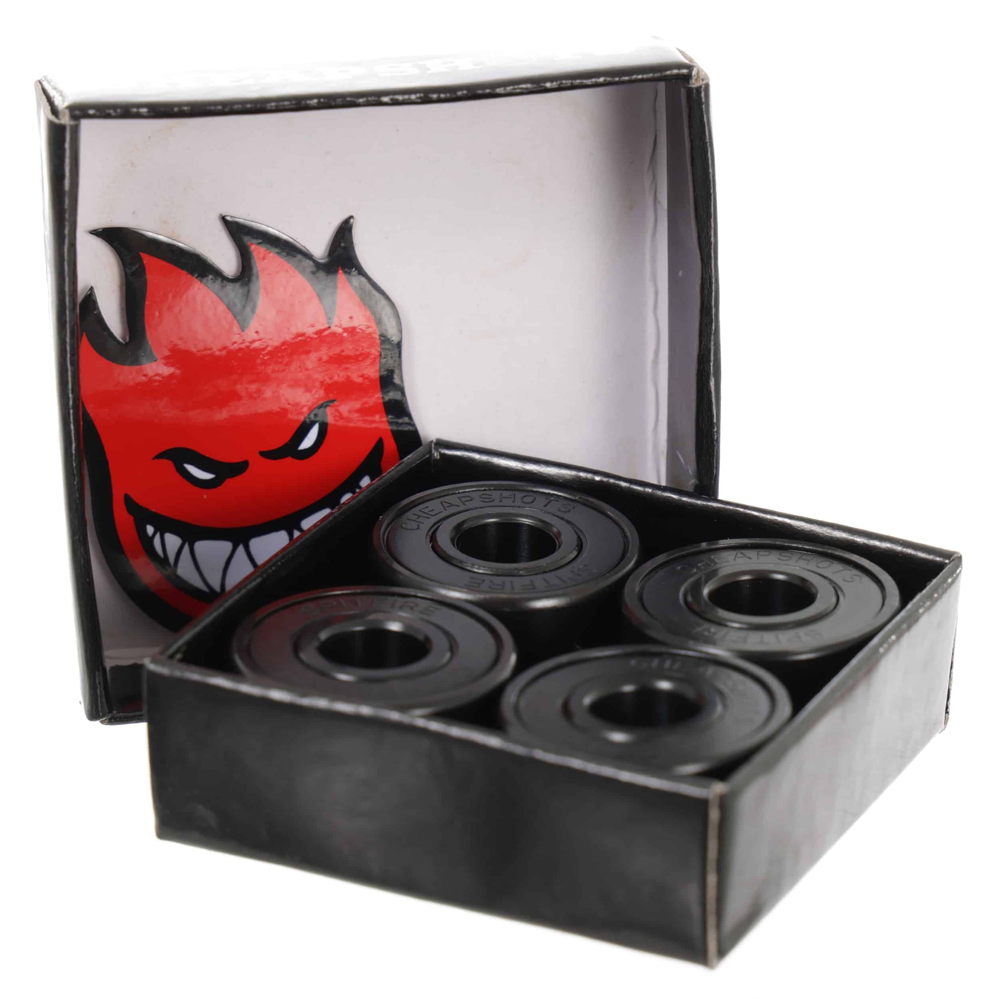 Eight black bearings in a box with a red and black logo on a white background