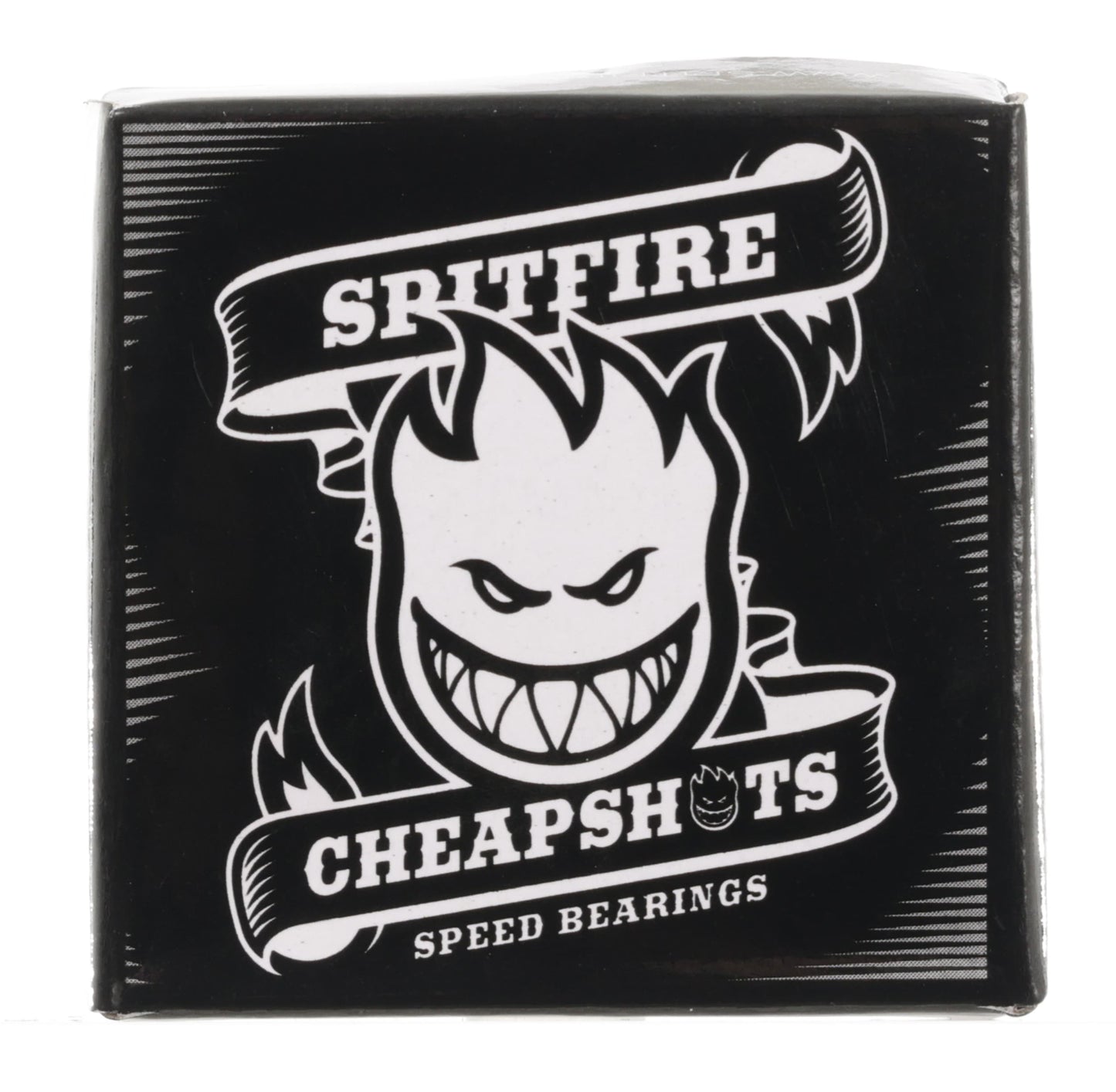 Packaging of Spitfire Cheapshots speed bearings with a black and white design.