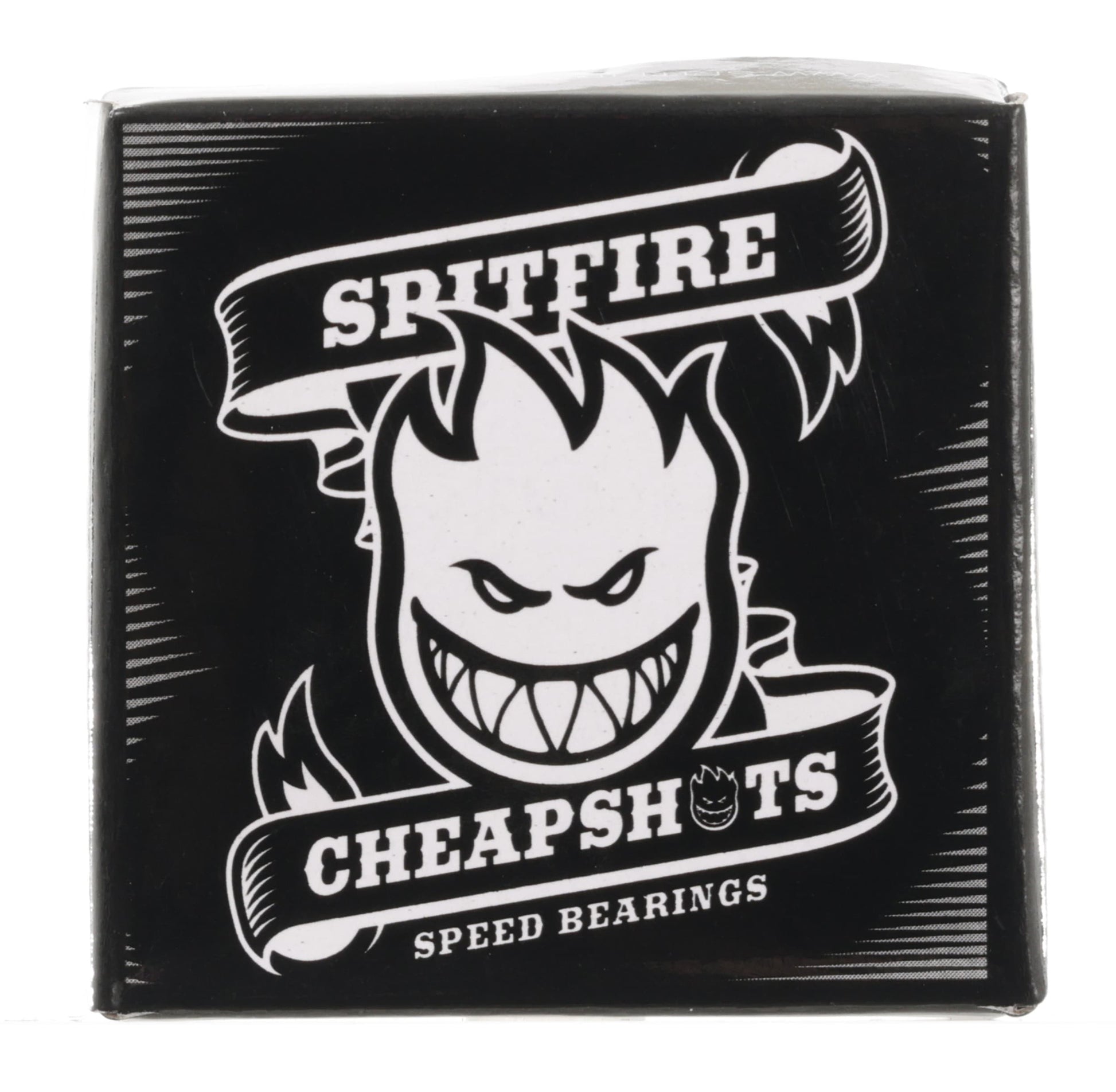 Packaging of Spitfire Cheapshots speed bearings with a black and white design.