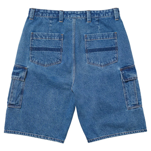 Blue denim shorts with multiple pockets on a white background